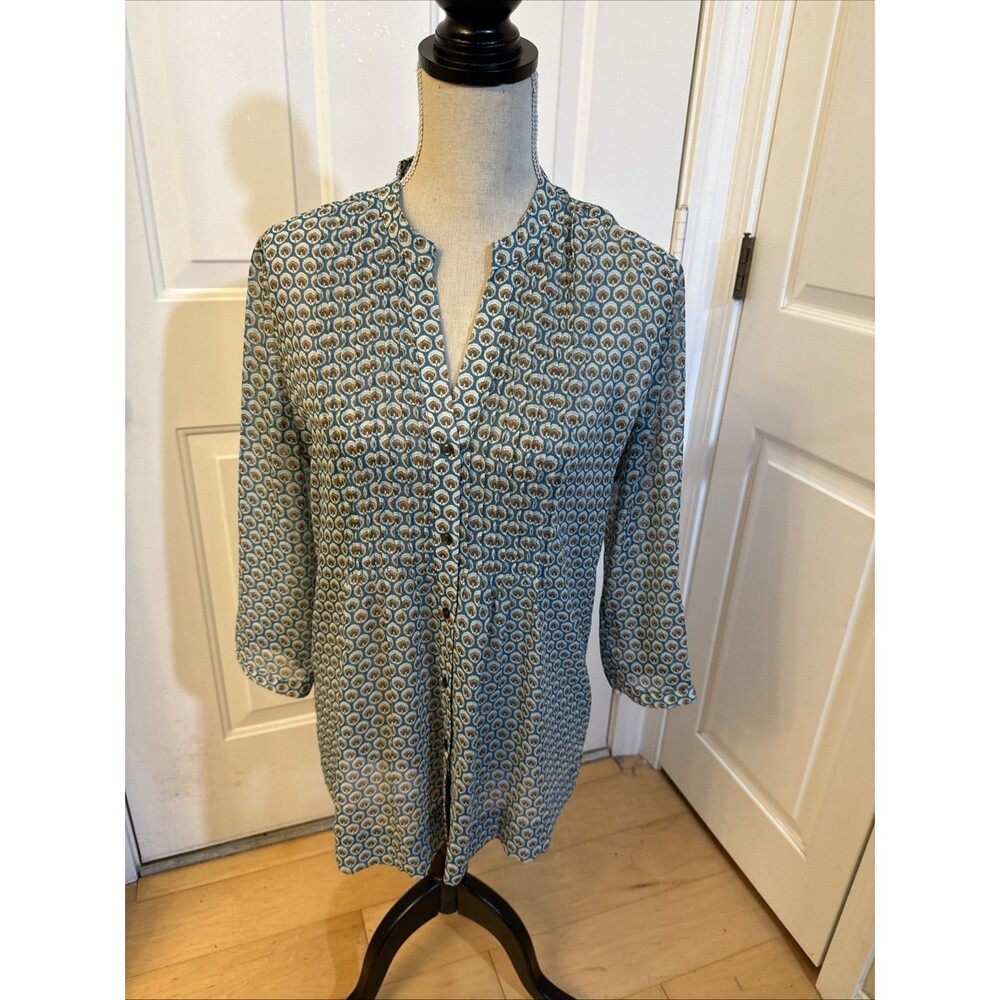 BREEZY TEAL BLUE Charter club aqua Blue and brown print Blouse Size M Polyester